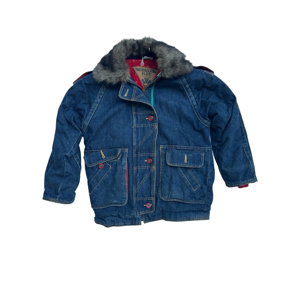 Vintage Giacca Blu's Denim Parka Jacket Faux Fur Collar Blue Red Lining Size M